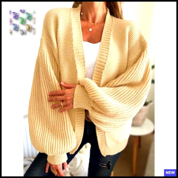 Oversized Cardigan Chunky Knit Lantern Sleeves Open Front Trendy Sweater - Picture 3 of 7
